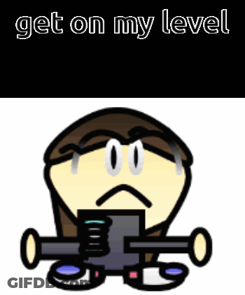 A Cartoon Character Holding A Gun With The Words Get On My Level Written On The Bottom GIF
