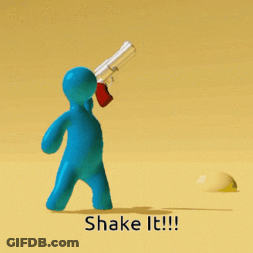 A Cartoon Character Holding A Gun With The Words Shake It Written Below Him GIF