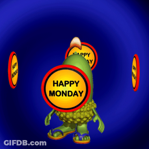 A Cartoon Character Holding A Happy Monday Sign In Front Of His Face GIF