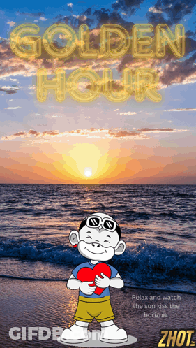 A Cartoon Character Holding A Heart In Front Of The Ocean With The Words Golden Hour Behind Him GIF
