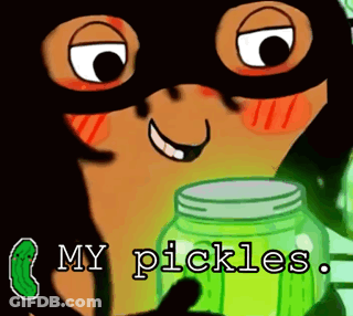 A Cartoon Character Holding A Jar Of Pickles With The Words " My Pickles " Below Him GIF
