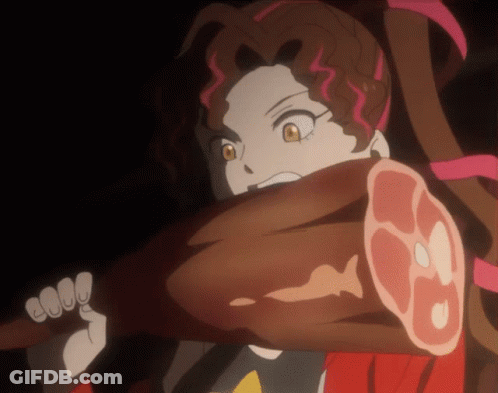 A Cartoon Character Holding A Large Piece Of Meat In Her Hand GIF