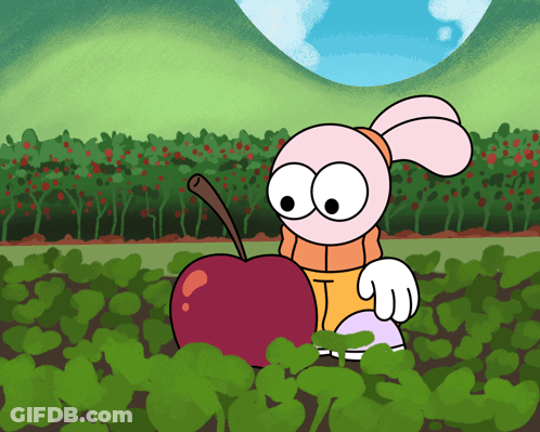 A Cartoon Character Holding A Large Red Apple In A Field GIF