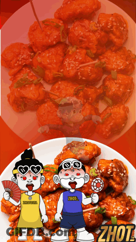 A Cartoon Character Holding A Lollipop Is Next To A Plate Of Food That Says Zhot GIF
