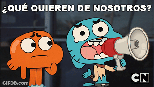 A Cartoon Character Holding A Megaphone With The Words " Que Quieren De Nosotros " Above Him GIF