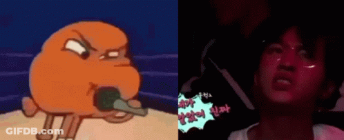 A Cartoon Character Holding A Microphone Next To A Picture Of A Man With Red Eyes . GIF