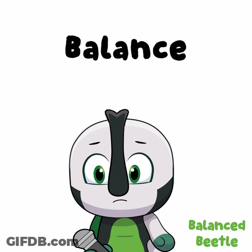 A Cartoon Character Holding A Microphone With The Words Balance Balanced Beetle Below It GIF