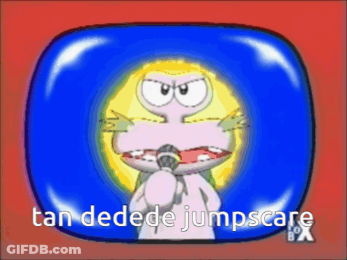 A Cartoon Character Holding A Microphone With The Words Tan Dedede Jumpscare GIF