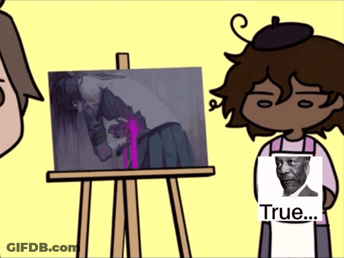 A Cartoon Character Holding A Picture Of A Man With The Words True On It GIF