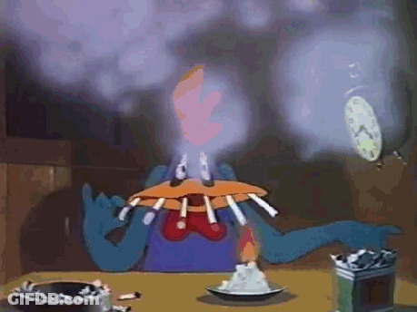 A Cartoon Character Holding A Plate Of Cigarettes With Smoke Coming Out Of His Mouth GIF