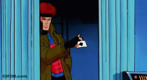 A Cartoon Character Holding A Playing Card In His Hand . GIF