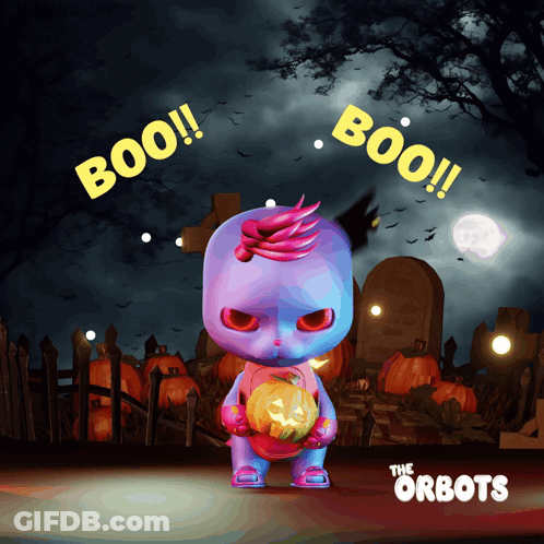 A Cartoon Character Holding A Pumpkin With The Words Boo Written Above Him GIF