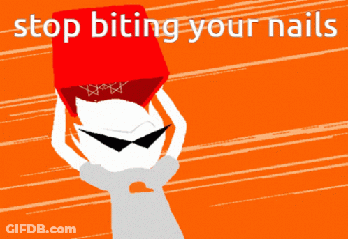 A Cartoon Character Holding A Red Box With The Words Stop Biting Your Nails Written On It GIF