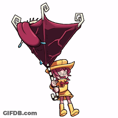 A Cartoon Character Holding A Red Umbrella With A Spiral On It GIF