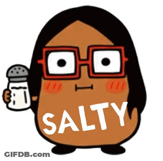 A Cartoon Character Holding A Salt Shaker With The Word Salty Written On It GIF