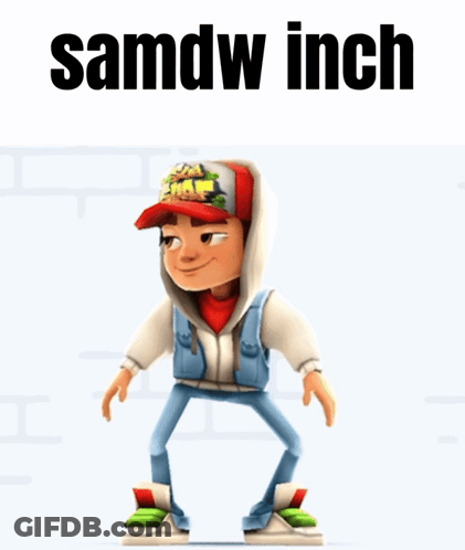 A Cartoon Character Holding A Sandwich With The Words Samdw Inch Written Above Him GIF