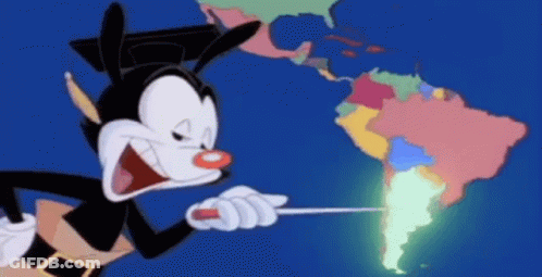 A Cartoon Character Holding A Screwdriver Pointing At A Map Of South America GIF