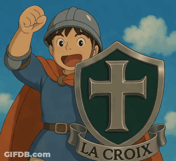 A Cartoon Character Holding A Shield With A Cross On It That Says La Croix GIF