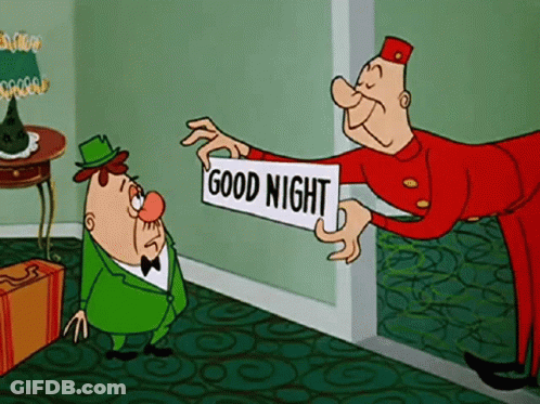 A Cartoon Character Holding A Sign That Says " Good Night " GIF