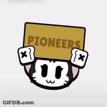 A Cartoon Character Holding A Sign That Says Pioneers On It GIF