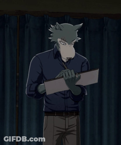 A Cartoon Character Holding A Sign That Says Wanna Watch Beastars GIF