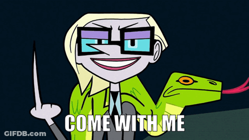 A Cartoon Character Holding A Snake With The Words Come With Me Below Him GIF