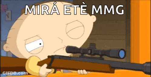 A Cartoon Character Holding A Sniper Rifle With The Words Mira Ete Mming Below Him GIF