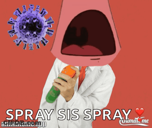 A Cartoon Character Holding A Spray Bottle With The Words Spray Sis Spray Written On The Bottom GIF
