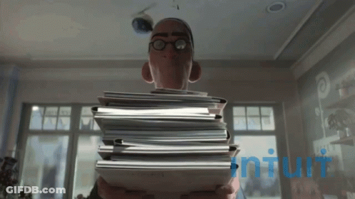 A Cartoon Character Holding A Stack Of Papers With The Word Intuitive In Blue GIF