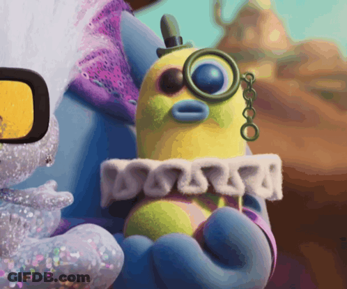 A Cartoon Character Holding A Stuffed Animal With A Hat On GIF