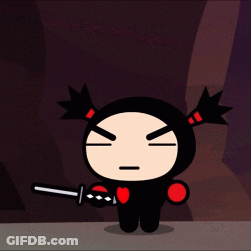 A Cartoon Character Holding A Sword And A Heart On Her Chest GIF