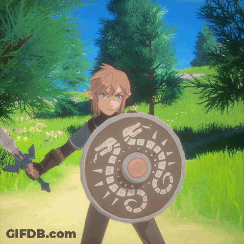 A Cartoon Character Holding A Sword And Shield GIF
