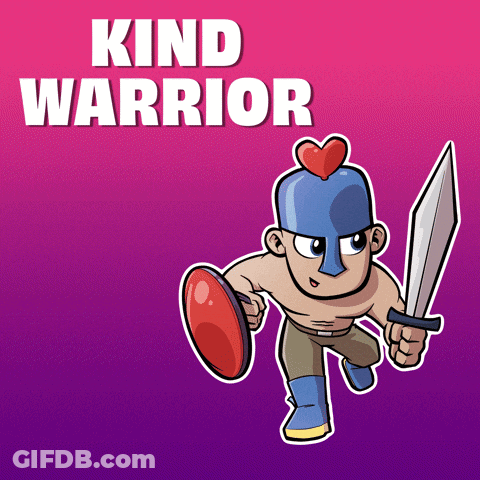 A Cartoon Character Holding A Sword And Shield With The Words " Kind Warrior " Above Him GIF
