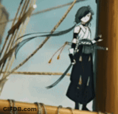 A Cartoon Character Holding A Sword Standing On A Boat GIF