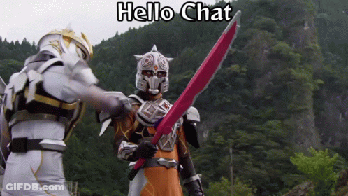 A Cartoon Character Holding A Sword With The Words Hello Chat Above Him GIF
