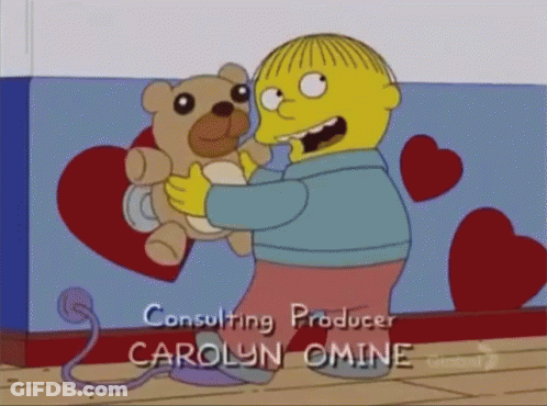 A Cartoon Character Holding A Teddy Bear With The Consulting Producer Carolyn Omine Written On The Bottom GIF
