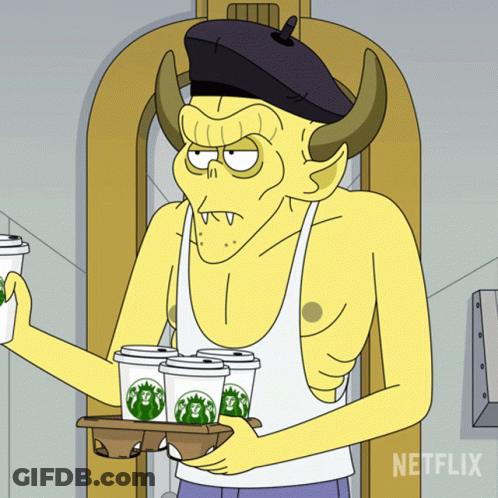 Cartoon Character Holding Starbucks Coffee Tray GIF
