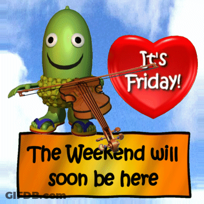 A Cartoon Character Holding A Violin Next To A Sign That Says It 'S Friday GIF