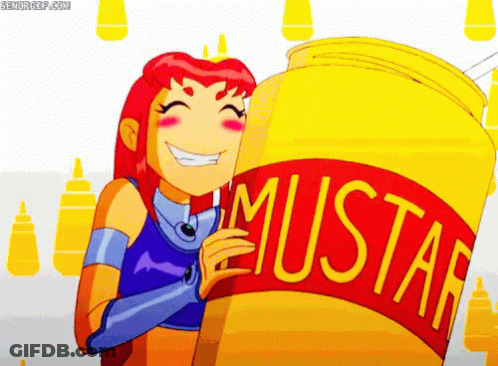 A Cartoon Character Holding A Yellow Mustard Container GIF