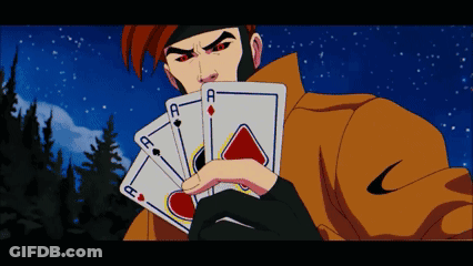 A Cartoon Character Holding Four Aces In Their Hand GIF