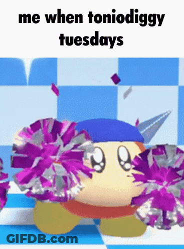 A Cartoon Character Holding Purple And Silver Pom Poms Says Me When Toniodiggy Tuesdays GIF
