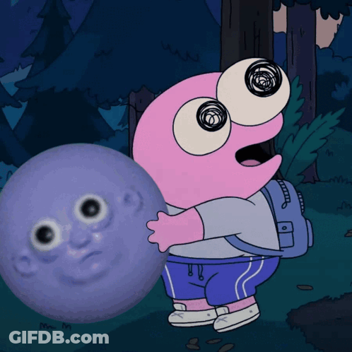 A Cartoon Character Holds A Purple Ball With A Face On It GIF