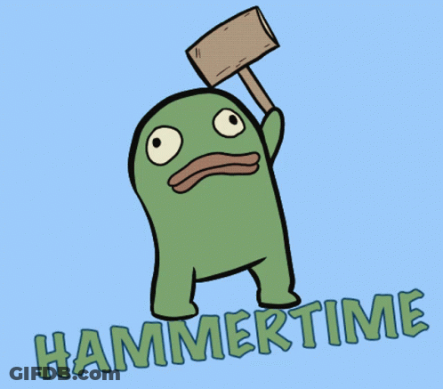 A Cartoon Character Holds Up A Sign That Says Hammertime GIF