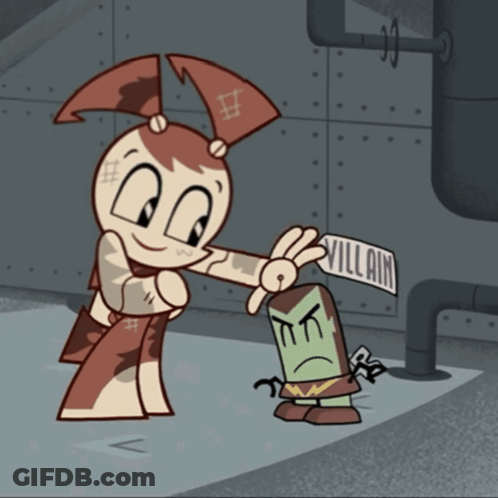 A Cartoon Character Holds Up A Sign That Says Villain GIF