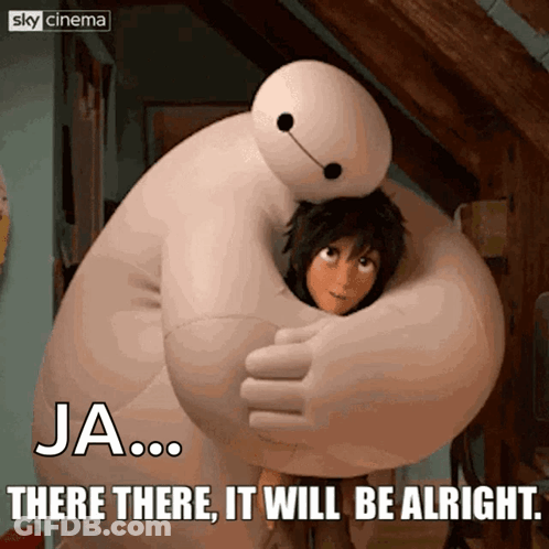 A Cartoon Character Hugging Another Cartoon Character With A Caption That Says Ja ... There There It Will Be Alright GIF