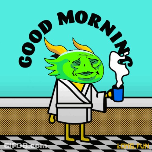 A Cartoon Character In A Bathrobe Holding A Cup Of Coffee With The Words Good Morning Written Around Him GIF