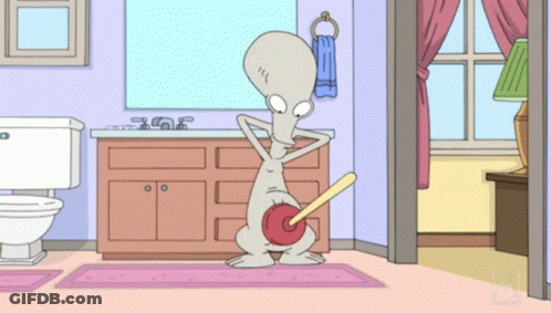 Cartoon Character In Bathroom With Plunger GIF
