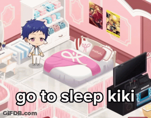 A Cartoon Character In A Bedroom With The Words Go To Sleep Kiki GIF