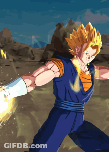 A Cartoon Character In A Blue And Orange Outfit Throws A Beam GIF
