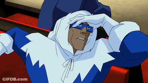 A Cartoon Character In A Blue And White Costume Is Covering His Face With His Hand GIF